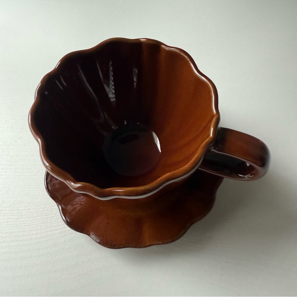 Hearth & Hand 5oz Scalloped Stoneware Espresso Tea Cup Brown, Fall Autumn 2025 - Picture 3 of 7